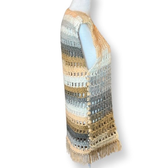 Boho Hand Crocheted Long Open Vest with Fringe in Autumnal Colors - Picture 7 of 8